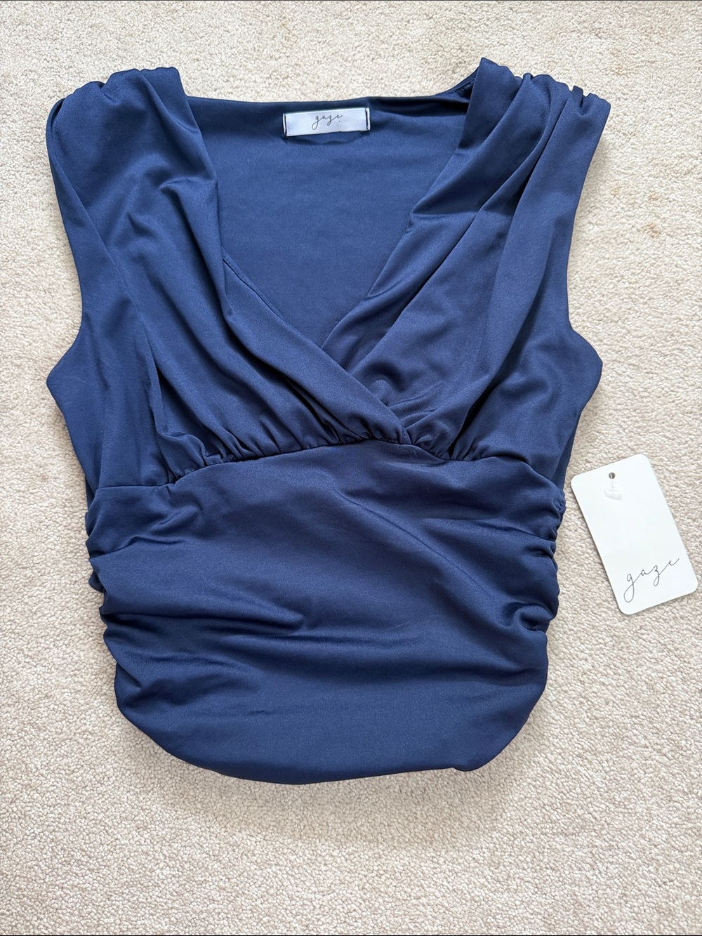 Navy Blue Sleeveless V-Neck Ruched Women’s Top